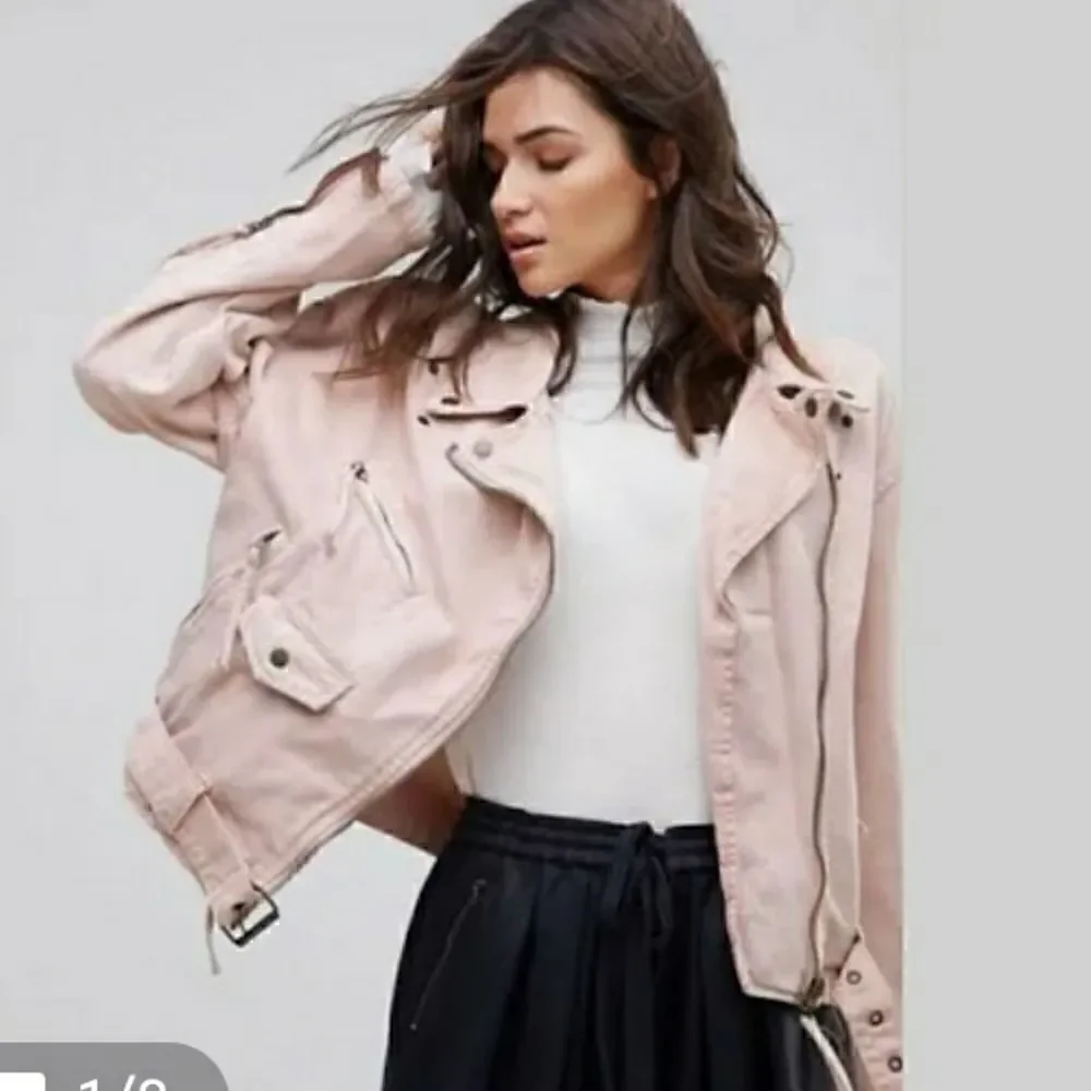 Free People pink belted motto jean denim jacket XS